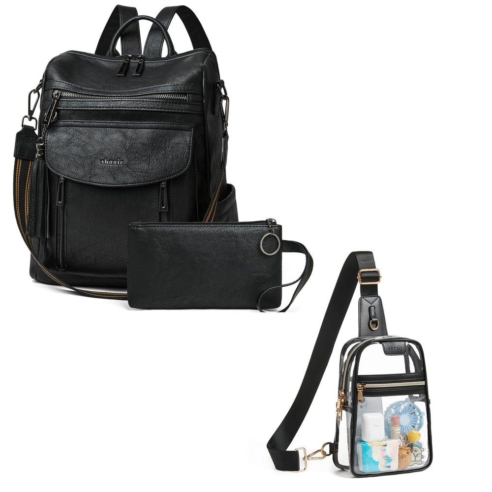 Backpack Purse for Women + Clear Bag Stadium Approved Black&Black🤓